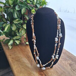 Multistrand Beaded Necklace Sea Shells Wood Beads Long 30 Inch Nautical Tropical